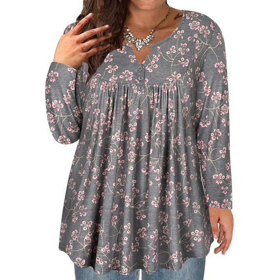 TIYOMI Plus Size Grey Tops For Women Long Sleeve Blouses Henley Dressy Tunics Tops Pink Flower Shirts Swing Flowy Blouses Pleated Babydoll Loose Fit Fall Casual Tunics XL 14W 16W
