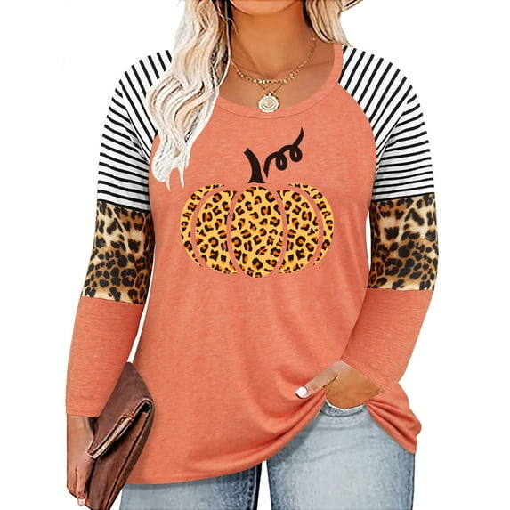 TIYOMI Plus Size Halloween Long Sleeve Tops For Women 3X Graphic Plaid Stripe Pumpkin Sweatshirts Raglan Orange Blouses Crewneck Color Block Tee Early Spring Fall Winter Pullover 3XL 20W 22W