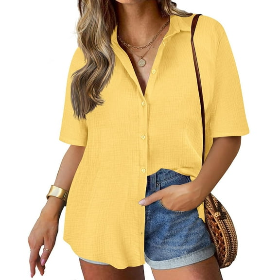 TIYOMI Plus Size Hawaiian Shirts for Women Button Down Shirts 2X Yellow Collared Tops V Neck Casual Blouse Summer Loose Fit Blouses 2XL 18W 20W