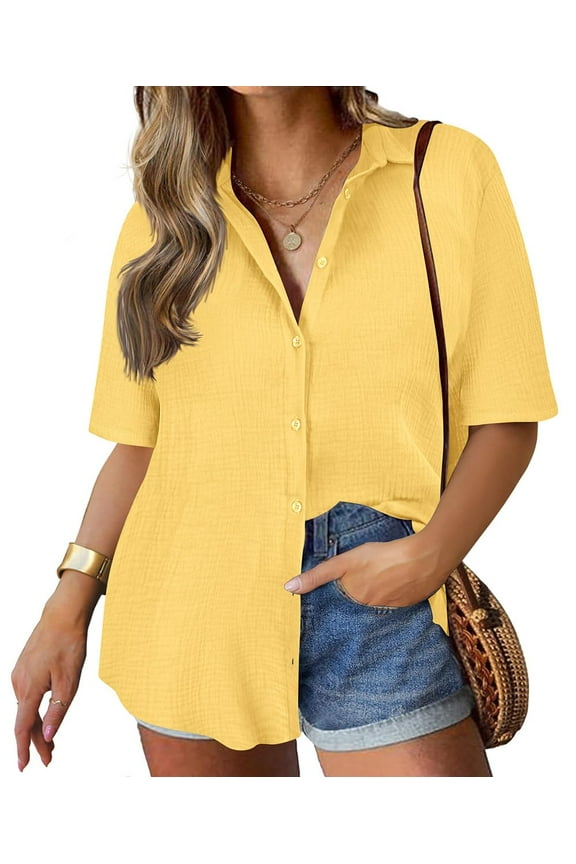 Plus Size Hawaiian Shirts for Women Button Down Shirts 2X Yellow Collared Tops V Neck Casual Blouse Summer Loose Fit Blouses 2XL 18W 20W