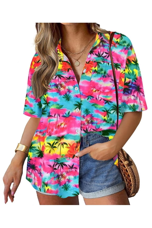 Plus Size Hawaiian Tops For Women Short Sleeve Colorful Tie Dye Collared Blouses Button Down Coconut Tree Shirts V Neck Shirts Summer Casual Tops XL 14W 16W