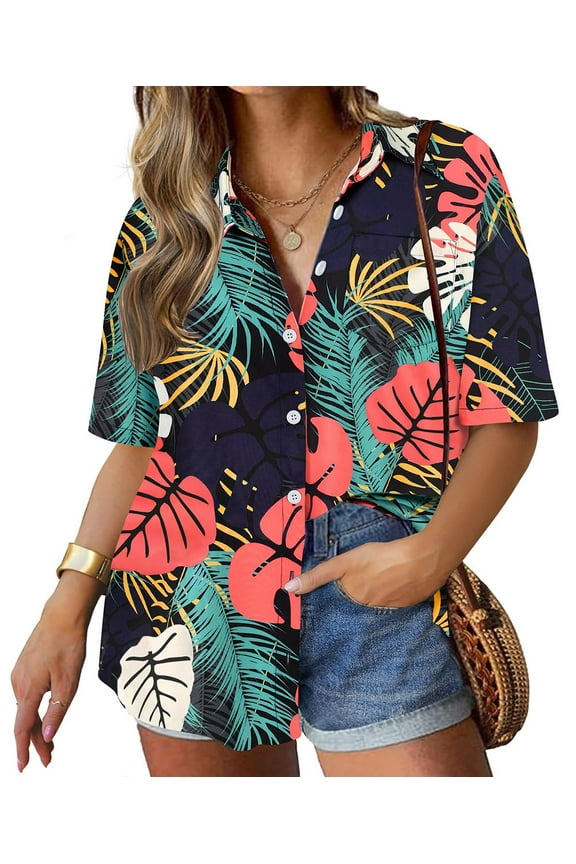 Plus Size Hawaiian Tops For Women Short Sleeve Navy Blue Collared Blouses Button Down Red Floral Shirts V Neck Shirts Summer Casual Tops XL 14W 16W