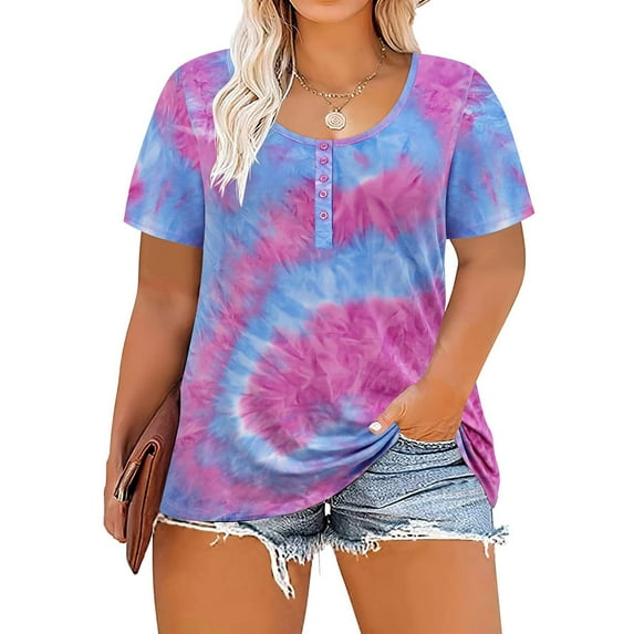 TIYOMI Plus Size Henley Shirts Womens Buttons Down Summer Tops Short Sleeve 2x Tunics Blue & Purple Tie Dye Henley Crewneck Tees Casual Blouses 2XL 18W 20W