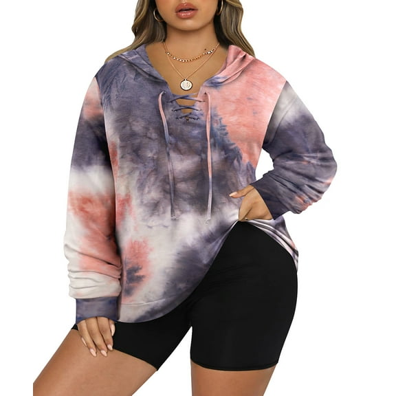 TIYOMI Plus Size Hoodies For Women Pink Purple Tie Dye Hooded Sweatshirts Lace Up Long Sleeve Drawstring Criss Cross Tops V Neck Casual Tee Fall Winter Pullover XL 14W 16W
