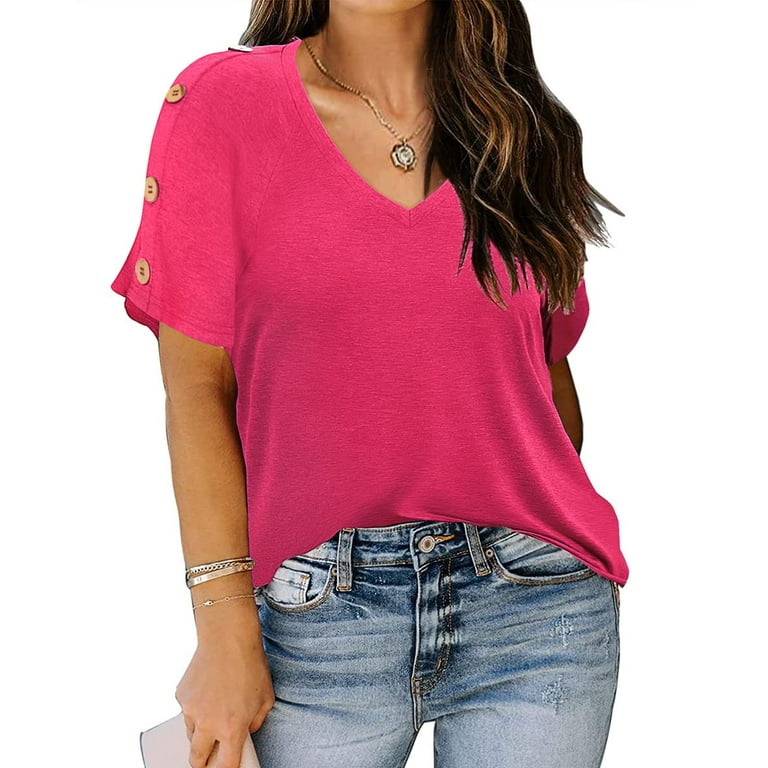 TIYOMI Plus Size Hot Pink Short Sleeve Shirts For Women 5X Tops V Neck  Pullover Summer Button Tunics 5XL 26W 28W 
