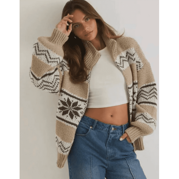 TIYOMI Plus Size Khaki Cardigan for Women 2X Knitted Snowflakes Cardigan Sweaters Long Sleeve Cardigans With Pocket Open Front Sweater Fall Winter Cozy Warm Coat 2XL 18W 20W