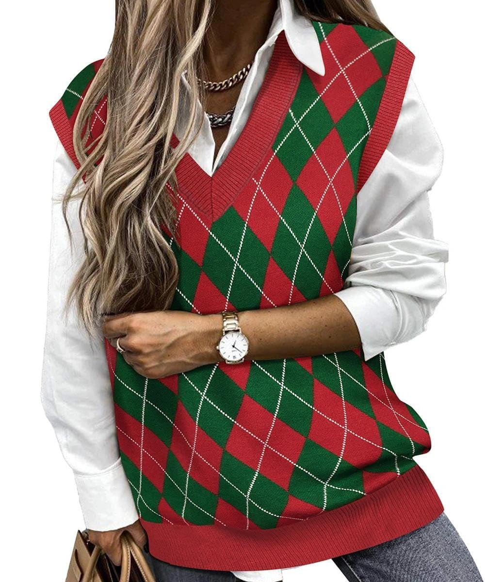 TIYOMI Plus Size Knit Vest Women Sweater Vest Red and Green Argyle V Neck Thick & Warm Wool Sleeveless Christmas Pullover Fall Winter Vest 3XL 22W 24W