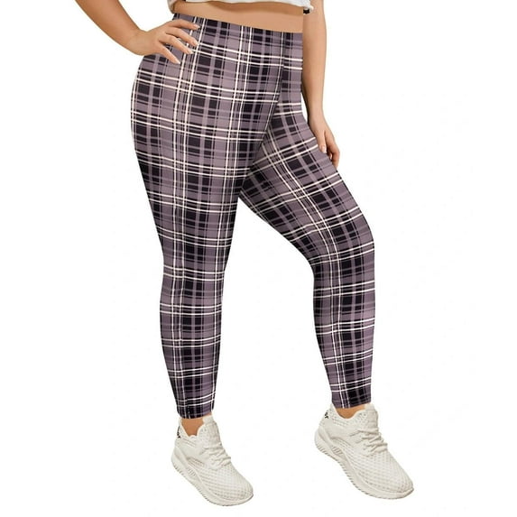 TIYOMI Plus Size Leggings For Women Pants Stretchy Butt Fit High Waist Grey Plaid Ankle Legging Soft Workout Fall Winter Casual Leggings XL 12-14