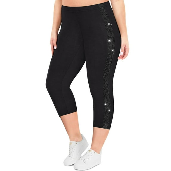 TIYOMI Plus Size Leggings For Women 5X Black Sequin Diamond Side High Waist Capris Leggings Sparkle Knee-Length Tummy Control Capri Casual Outdoor Leggings 5XL 28W
