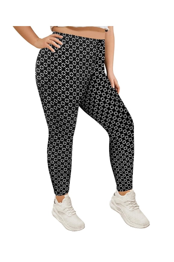 Plus Size Leggings For Women Pants Stretchy Butt Fit High Waist Black Diamond Pattern Ankle Legging Soft Workout Fall Winter Casual Leggings XL 12-14