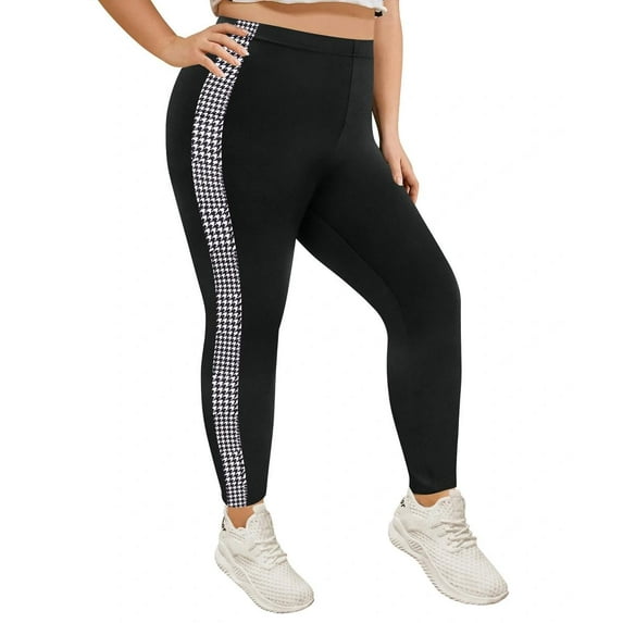 TIYOMI Plus Size Leggings For Women Side Stripe Pants Stretchy Butt Fit High Waist Houndstooth Ankle Legging Soft Workout Fall Winter Casual Leggings XL 12-14