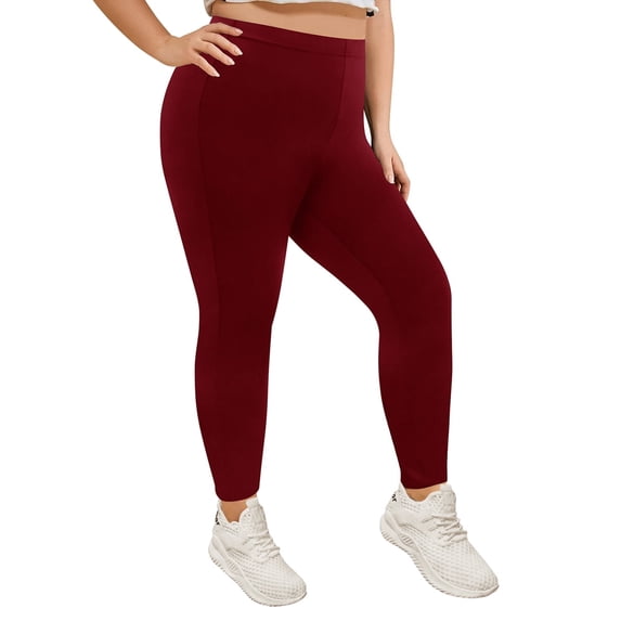 TIYOMI Plus Size Leggings For Women Wine Red Pants Stretchy Butt Fit High Waist Solid Color Ankle Leggings Soft Workout Fall Winter Casual Leggings XL 14W 16W