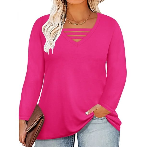 TIYOMI Plus Size Long Sleeve Criss Cross Hot Pink Shirts For Women 5X