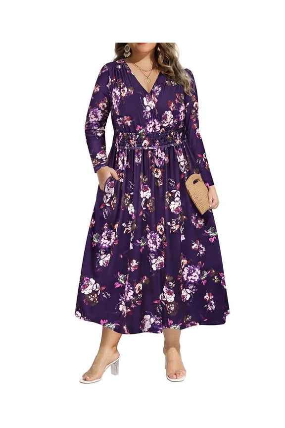 Plus Size Long Sleeve Dress for Curvy Women 2x Adjustable Drawstring Long Dresses V Neck Purple Floral Flowy Fall Party Dresses Maxi Dress With Pockets 2XL 18W 20W