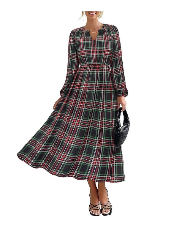 Plus Size Long Sleeve Dress for Curvy Women 2x Red Plaid Long Dresses V Neck Ruffle Flowy Spring Fall Cocktail Party Dresses Christmas Maxi Dress With Pockets 2XL 18W 20W