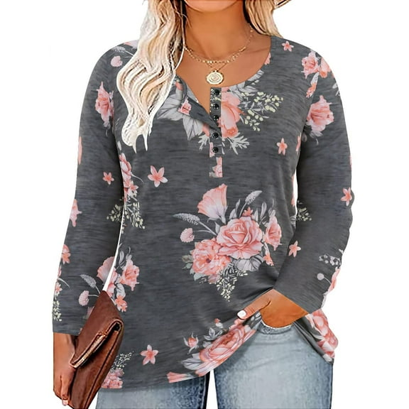 TIYOMI Plus Size Long Sleeve Henley Tops For Women 3X Floral Shirts Button Causal Blouses Round Neck Grey Tee Early Spring Fall Winter Pullover 3XL 20W 22W