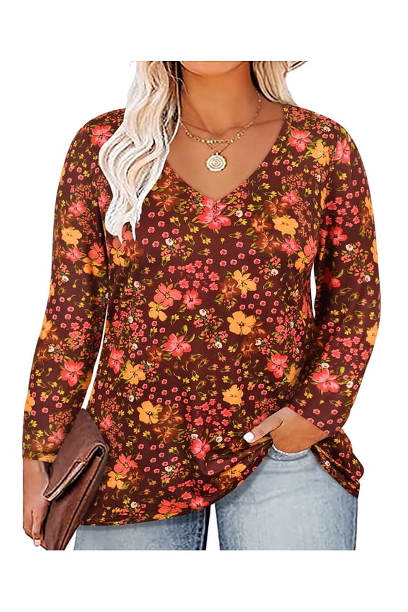Plus Size Long Sleeve Tops For Women 3X Brown Floral Shirts Causal Blouses V Neck Tee Fall Winter Tunics 3XL 20W 22W