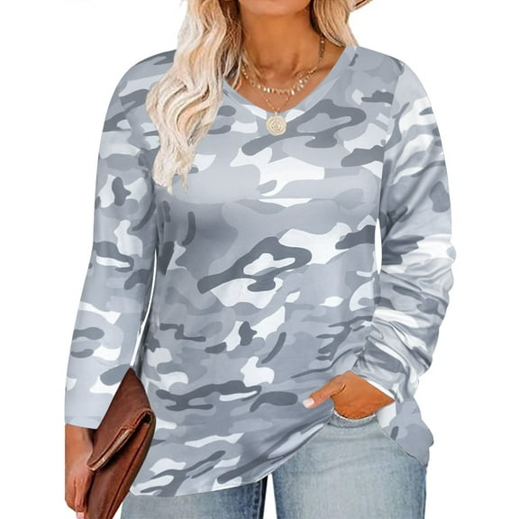 TIYOMI Plus Size Long Sleeve Tops For Women 3X Camo Shirts Causal Blouses V Neck Grey Tee Fall Winter Tunics 3XL 20W 22W