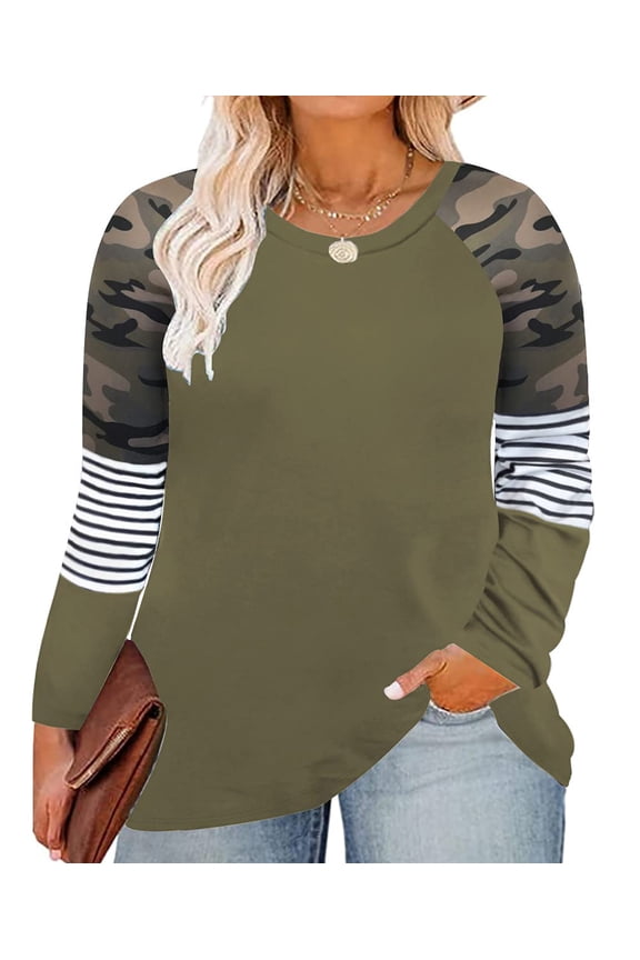 Plus Size Long Sleeve Tops For Women 3X Camo Shirts Color Block Striped Causal Blouses Round Neck Army Green Tee Early Spring Fall Winter Pullover 3XL 20W 22W