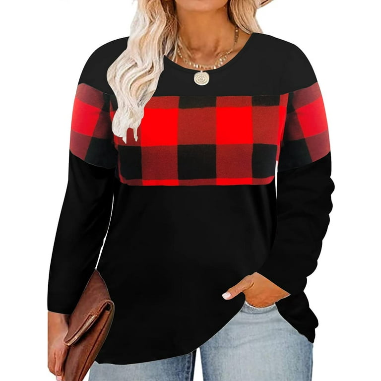 TIYOMI Plus Size Long Sleeve Tops For Women 3X Christmas Red Plaid Shirts Color Block Causal Blouses Round Neck Tee Early Spring Fall Winter Pullover