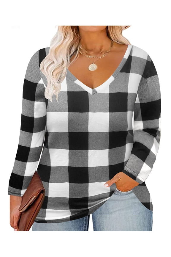 Plus Size Long Sleeve Tops For Women 3X Grid Shirts Causal Blouses V Neck White Tee Fall Winter Christmas Tunics 3XL 20W 22W