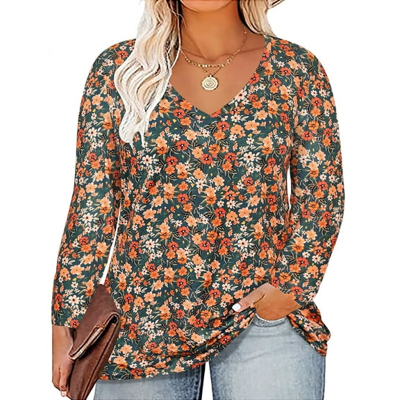 TIYOMI Plus Size Long Sleeve Tops For Women 3X Orange Flower Shirts Causal Blouses V Neck Basic Green Floral Tee Fall Winter Pullover 3XL 20W 22W