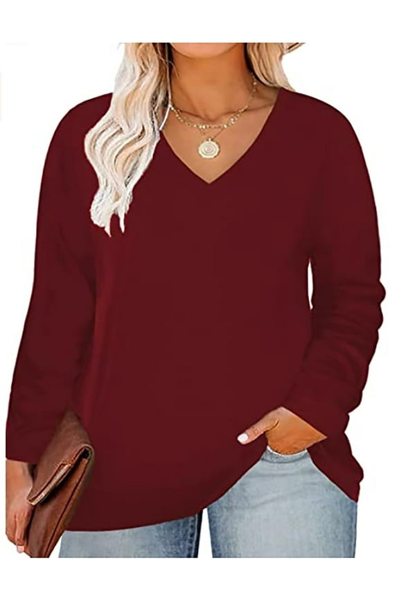 Plus Size Long Sleeve Tops For Women 3X Solid Color Shirts Causal Blouses V Neck Wine Red Tee Fall Winter Tunics 3XL 20W 22W