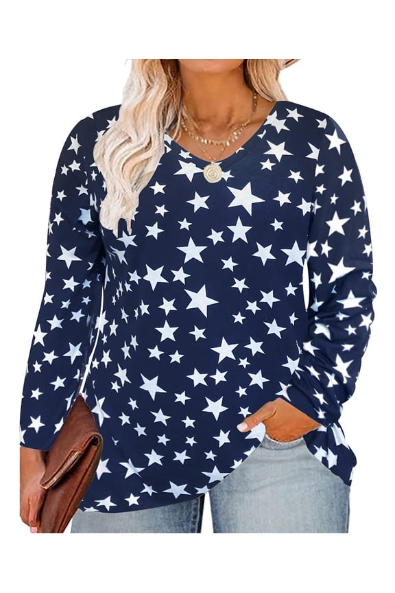 Plus Size Long Sleeve Tops For Women 3X Star Shirts Causal Blouses V Neck Navy Blue Tee Fall Winter Tunics 3XL 20W 22W