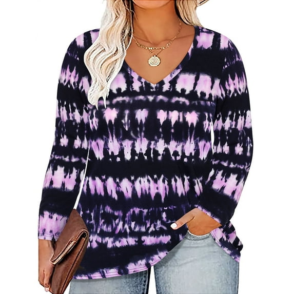 TIYOMI Plus Size Long Sleeve Tops For Women 3X Tie Dye Printing Shirts Purple Causal Blouses V Neck Pattern Tee Fall Winter Tunics 3XL 20W 22W