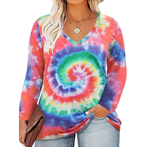 TIYOMI Plus Size Long Sleeve Tops For Women 3X Tie Dye Rainbow Shirts Causal Blouses V Neck Tee Fall Winter Tunics 3XL 20W 22W