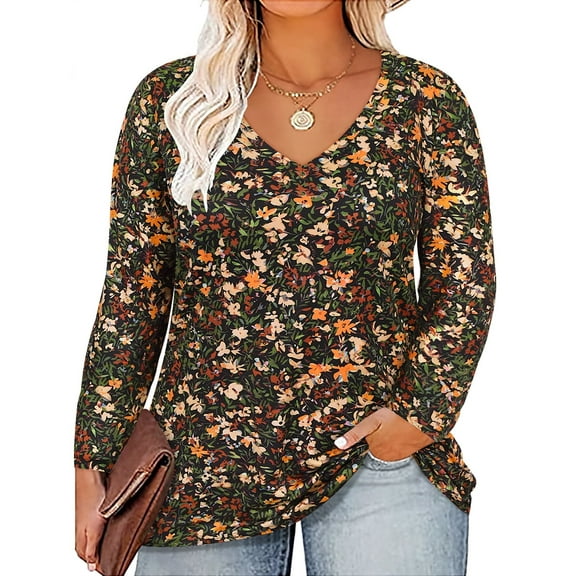 TIYOMI Plus Size Long Sleeve Tops For Women 3X Vintage Orange Floral Shirts Causal Blouses V Neck Tee Fall Winter Tunics 3XL 20W 22W