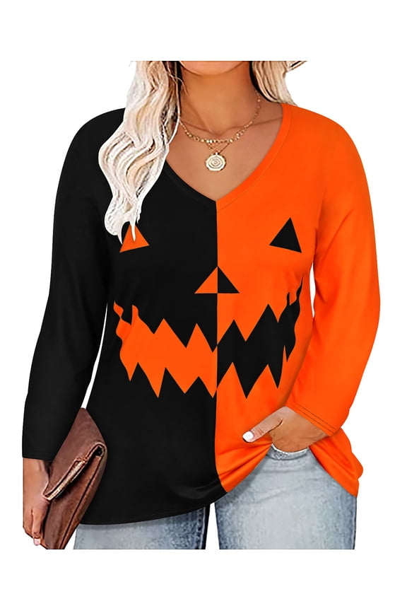 Plus Size Long Sleeve Tops For Women 5X Halloween Ghost Face Shirts Causal Blouses V Neck Tee Fall Winter Pullover 5XL 28W