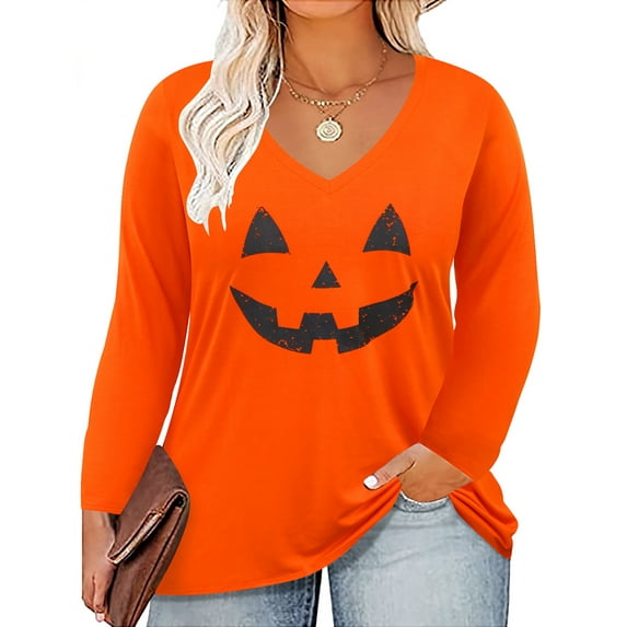 TIYOMI Plus Size Long Sleeve Tops For Women Funny Halloween Pumpkin Orange Shirts V Neck Shirts Grimace Blouses Fall Winter Tunics XL 14W 16W