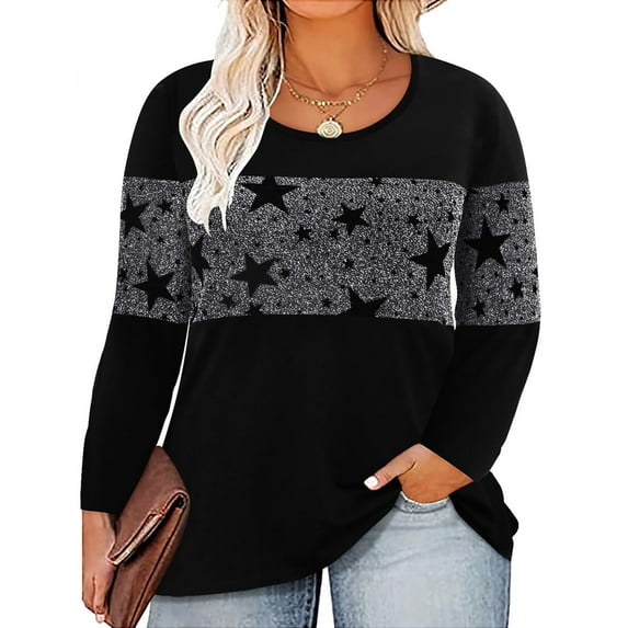 TIYOMI Plus Size Long Sleeve Tops For Women 3X Black Shirts Color Block Causal Blouses Round Neck Sequin Star Tee Early Spring Fall Winter Pullover 3XL 20W 22W