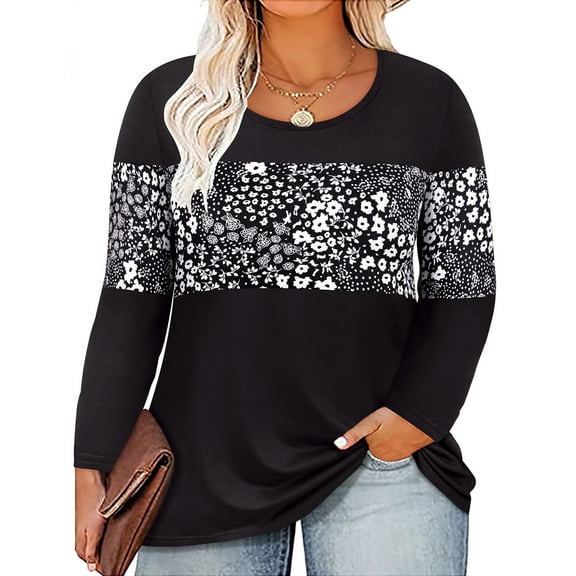 TIYOMI Plus Size Long Sleeve Tops For Women 3X Black Shirts Color Block Causal Blouses Round Neck Small Flower Tee Early Spring Fall Winter Pullover 3XL 20W 22W