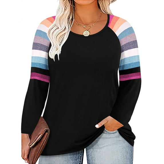 TIYOMI Plus Size Long Sleeve Tops For Women 3X Black Shirts Color Block Rainbow Stripes Causal Blouses V Neck Tee Early Spring Fall Winter Pullover 3XL 20W 22W