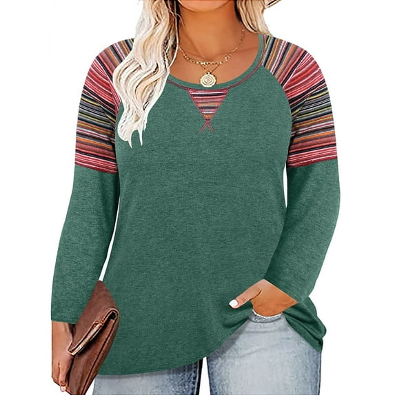 TIYOMI Plus Size Long Sleeve Tops For Women 3X Shirts Color Block Striped Green Causal Blouses Round Neck Tee Early Spring Fall Winter Pullover 3XL 20W 22W