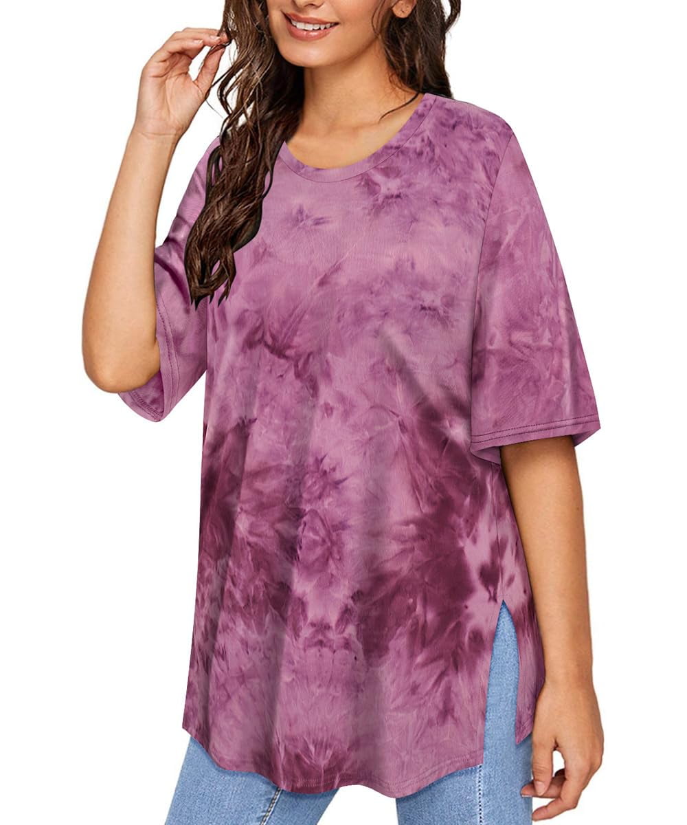 Floerns Women's Plus Size Tie Dye Bodysuit - Asymmetrical Neck Long Sleeve T-Shirt Top (Brown, 1XL)