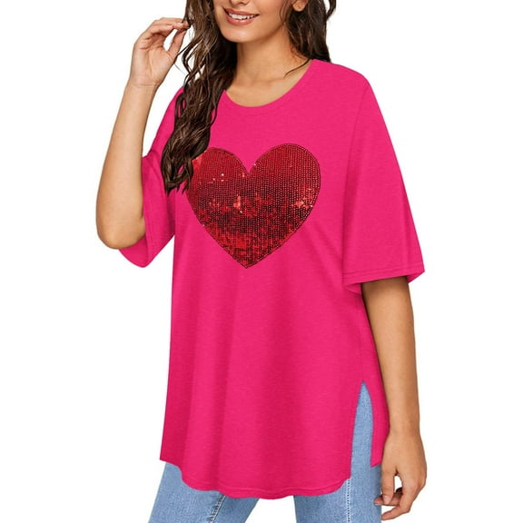TIYOMI Plus Size Oversized T-Shirts For Women Valentine's Day Heart Summer Round Neck Short Sleeve Shirts Pink Workout Tops Boyfriend Tee Loose Fit Casual T-Shirt XL 14W 16W