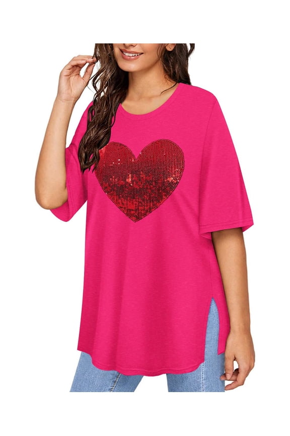 Plus Size Oversized T-Shirts For Women Valentine's Day Heart Summer Round Neck Short Sleeve Shirts Pink Workout Tops Boyfriend Tee Loose Fit Casual T-Shirt XL 14W 16W