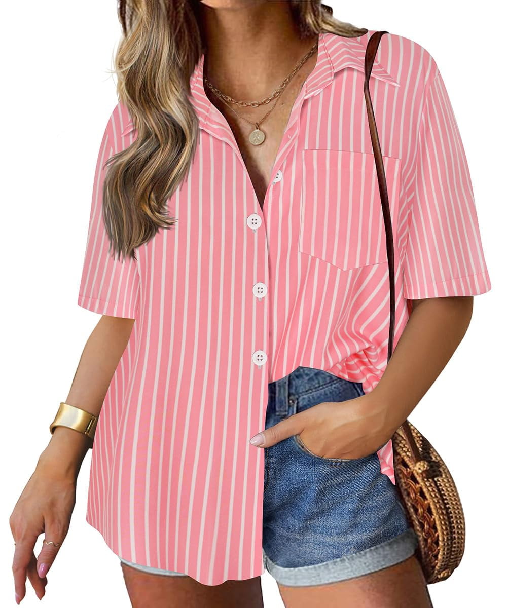 TIYOMI Plus Size Pink Stripe Shirts For Women Short Sleeve Blouses ...