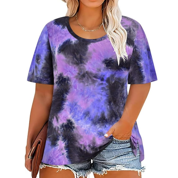 TIYOMI Plus Size Purple & Blue Tie Dye Oversized T-Shirts Short Sleeve Shirts For Women 5X Round Neck Pullover Summer Casual Loose Fit T-Shirt 5XL 26W 28W