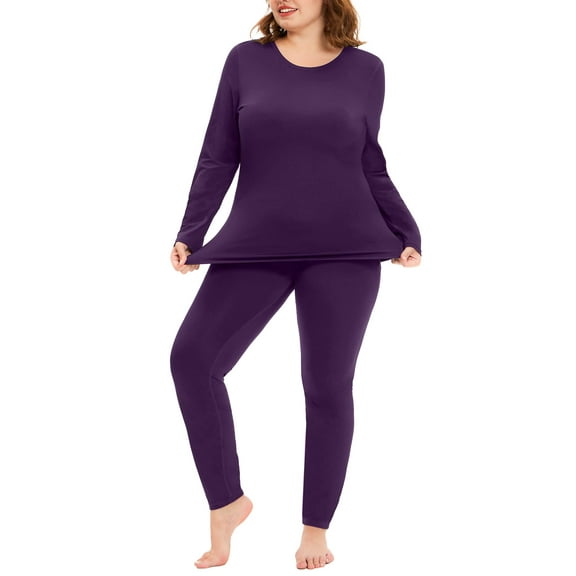 TIYOMI Plus Size Purple Thermal Underwear For Women Crewneck Thermal TopLong Johns Fleece Lined Base Layer Top and Bottom Sets Fall Winter Pajama, 2-Pack XL 14W 16W
