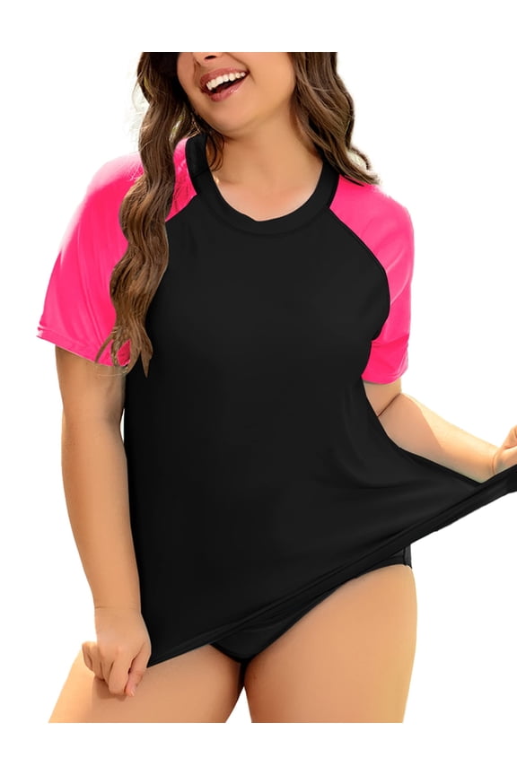 Plus Size Rash Guard Tops For Women Surfing Swim Shirts Black Pink Raglan Short Sleeve Pullover UPF 50+ Sun Swimsuit Tops XL 14W 16W