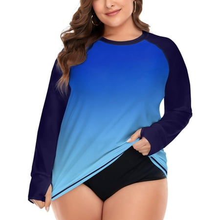 TIYOMI Plus Size Rash Guard Tops For Women Surfing Swim Shirts UPF 50+ Sun Protection Swimsuit Blue Gradient Long Sleeve Shirts Workout Pullover UPF 50+ Sun Protection Swimsuit Tops XL 14W 16W