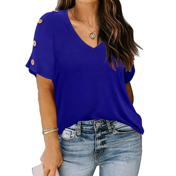 TIYOMI Plus Size Royal Blue Short Sleeve Shirts For Women 5X Tops V Neck Pullover Summer Button Tunics 5XL 26W 28W