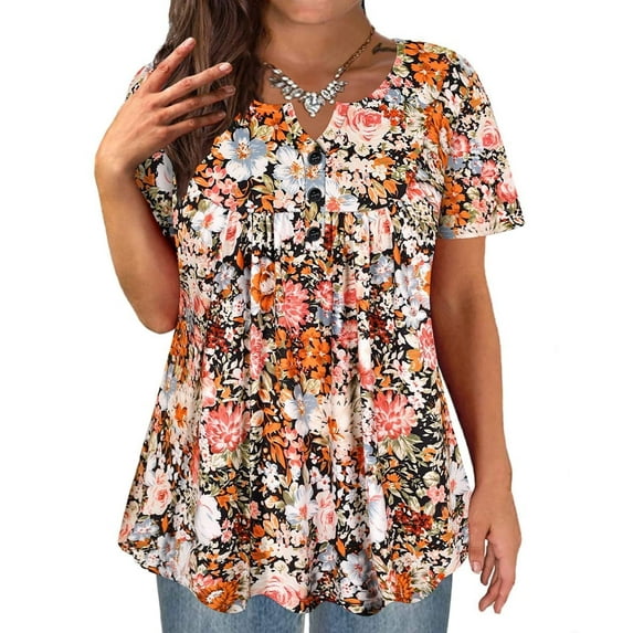 TIYOMI Plus Size Shirts for Curvy Women 5X Pullover Summer Orange Flower Dressy Blouses Swing Tops Pleated Babydoll Casual Tunics Spring Shirts 5XL 26W 28W
