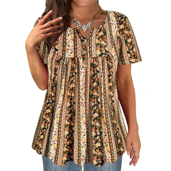 TIYOMI Plus Size Shirts for Curvy Women 5X Pullover Summer Yellow Floral Dressy Flower Blouses Swing Tops Pleated Babydoll Casual Tunics Spring Shirts 5XL 26W 28W