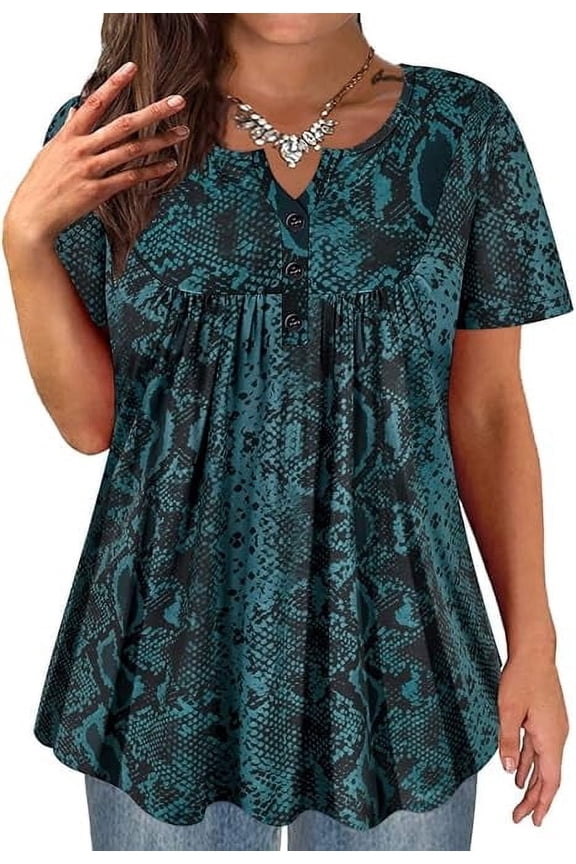 Plus Size Shirts for Curvy Women 5X Snake Skin Pullover Summer Green Print Dressy Blouses Swing Tops Pleated Babydoll Casual Tunics Spring Shirts 5XL 26W 28W