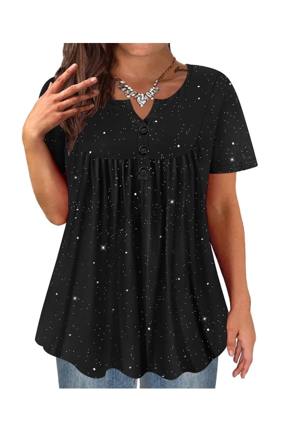 Plus Size Shirts for Curvy Women 5X Sparkly Pullover Black Summer Sequin Dressy Blouses Shinning Swing Tops Pleated Babydoll Casual Tunics 5XL 26W 28W